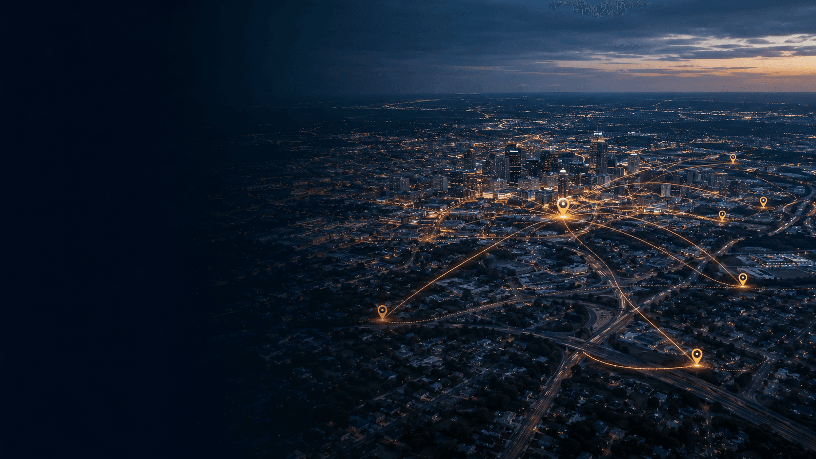Aerial evening view of Birmingham, Alabama and its surrounding business areas