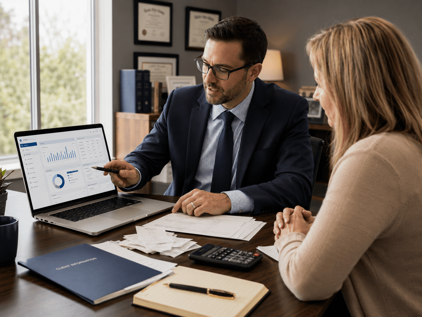 CPA reviewing financial documents and an automated reporting dashboard with a business client