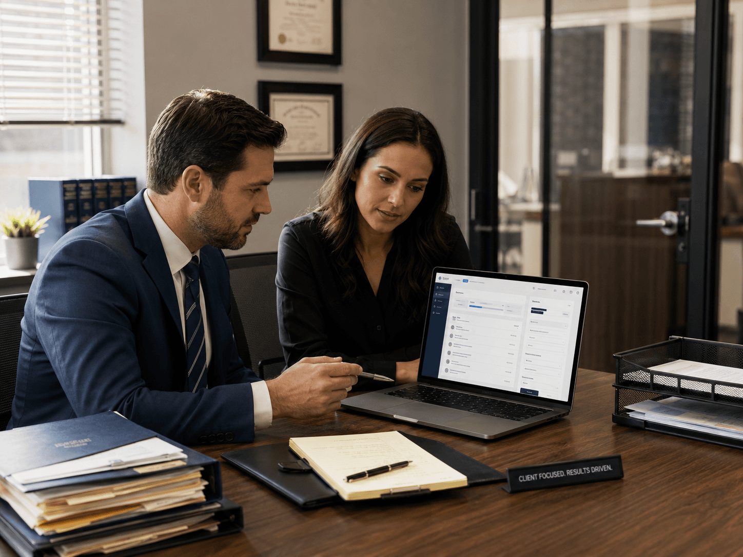 Attorney and intake coordinator reviewing a client matter through a digital legal workflow