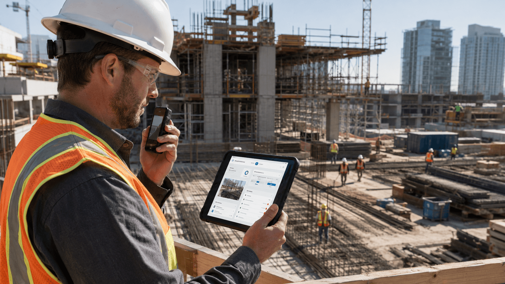 Construction supervisor recording a field update using a rugged job-tracking tablet