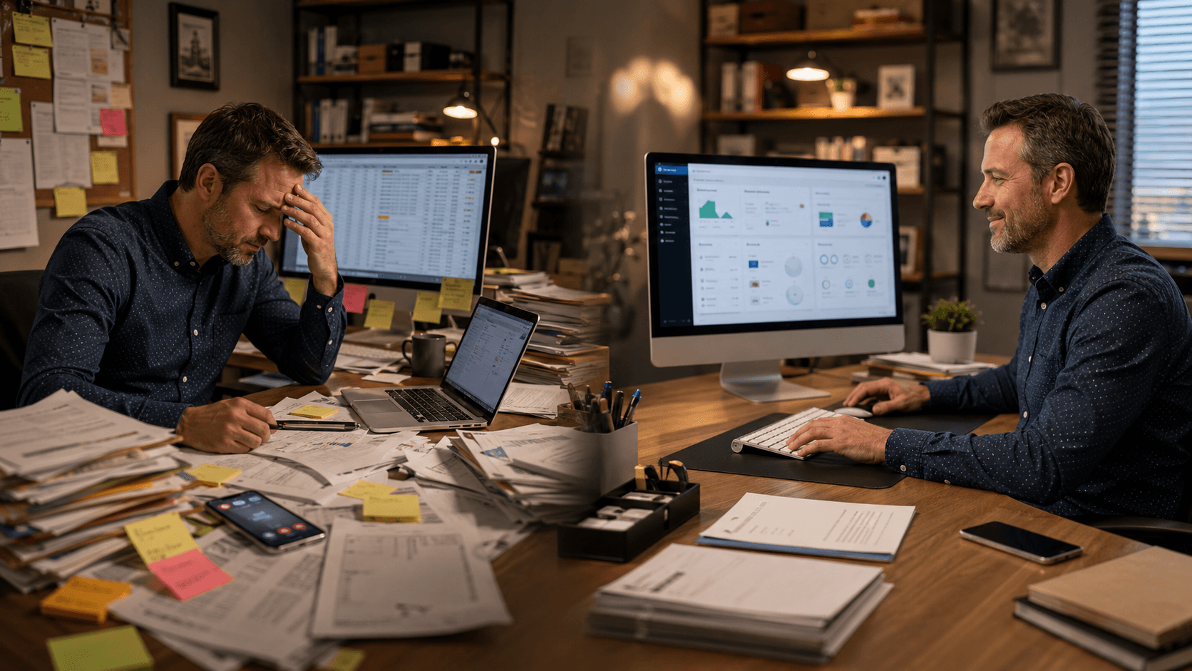 Before-and-after view of manual business administration becoming an organised automated workflow