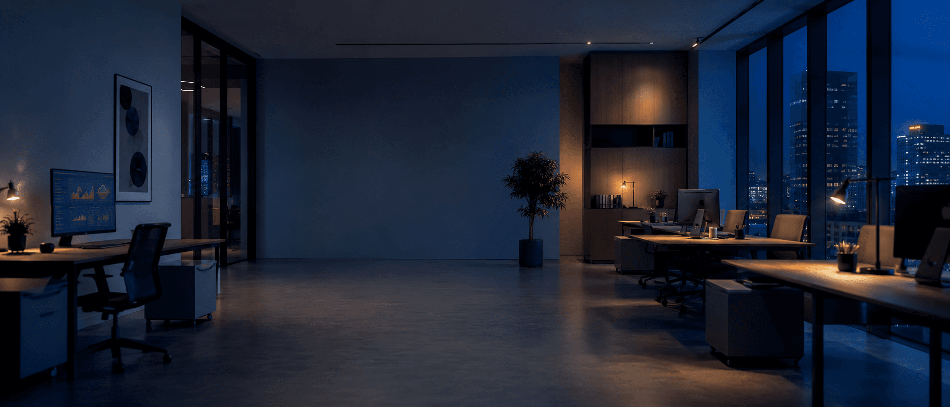 Quiet modern office continuing to operate through automated business systems after working hours