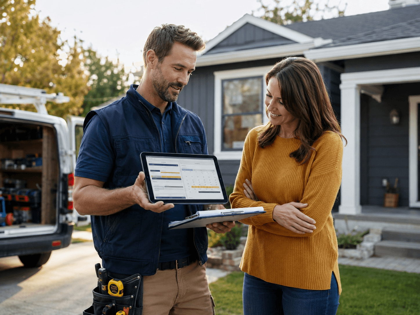 Contractor reviewing a digital estimate and project schedule with a homeowner