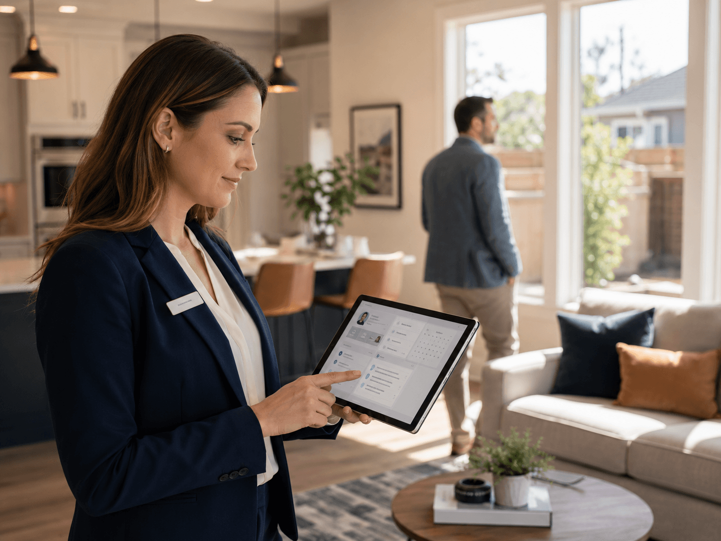 Real estate agent managing buyer follow-up and appointment scheduling on a tablet